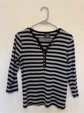 Y2K Striped Henley Top - Grey & Black